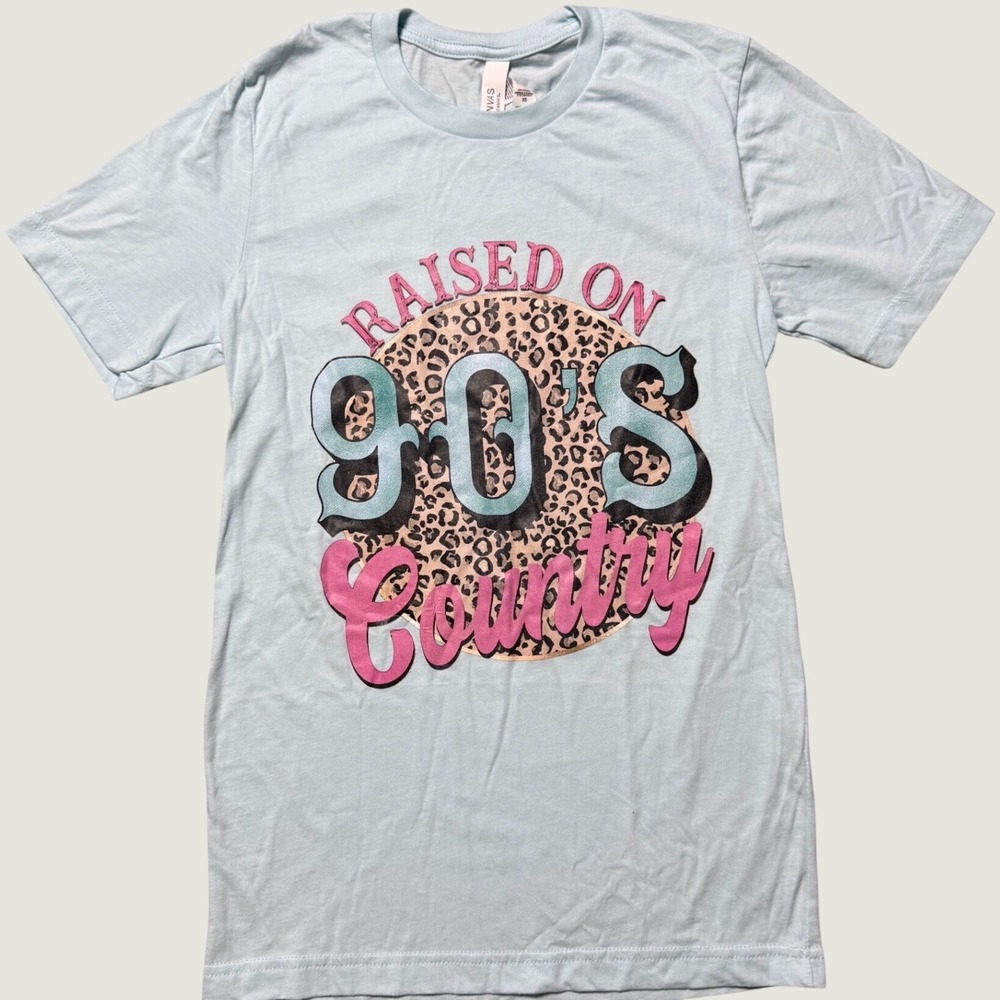 Bella Canvas Raised on 90s Country Graphic Tee Light Blue XS Leopard Print